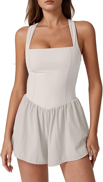 Women's Square Neck Sleeveless Romper Jumpsuit Casual Summer One Piece Outfit with Pocket