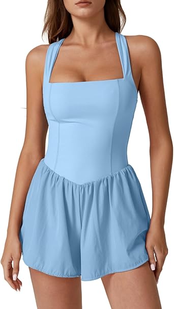 Women's Square Neck Sleeveless Romper Jumpsuit Casual Summer One Piece Outfit with Pocket