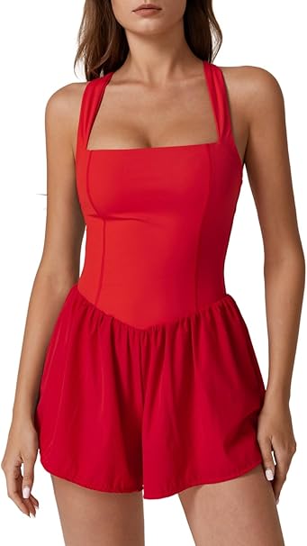 Women's Square Neck Sleeveless Romper Jumpsuit Casual Summer One Piece Outfit with Pocket
