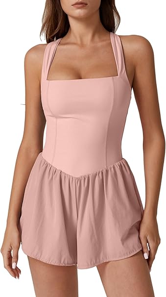 Women's Square Neck Sleeveless Romper Jumpsuit Casual Summer One Piece Outfit with Pocket
