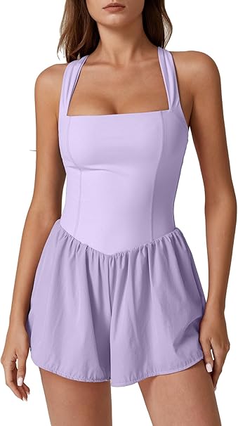 Women's Square Neck Sleeveless Romper Jumpsuit Casual Summer One Piece Outfit with Pocket